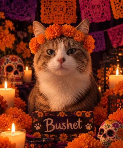 Foto de Bushet, gato, en su ofrenda de Día de Muertos