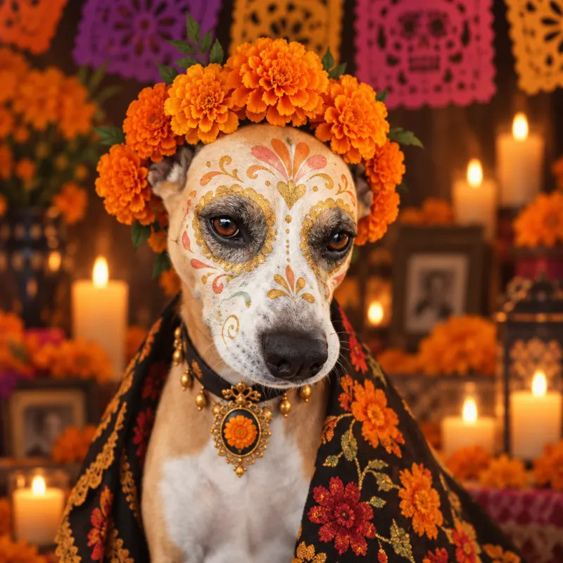Retrato catrina de Oliver, perro, con maquillaje de calavera y corona de cempasúchil