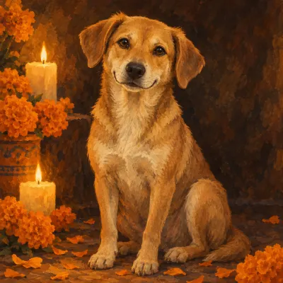 Photo of Canela, dog, on their Day of the Dead ofrenda