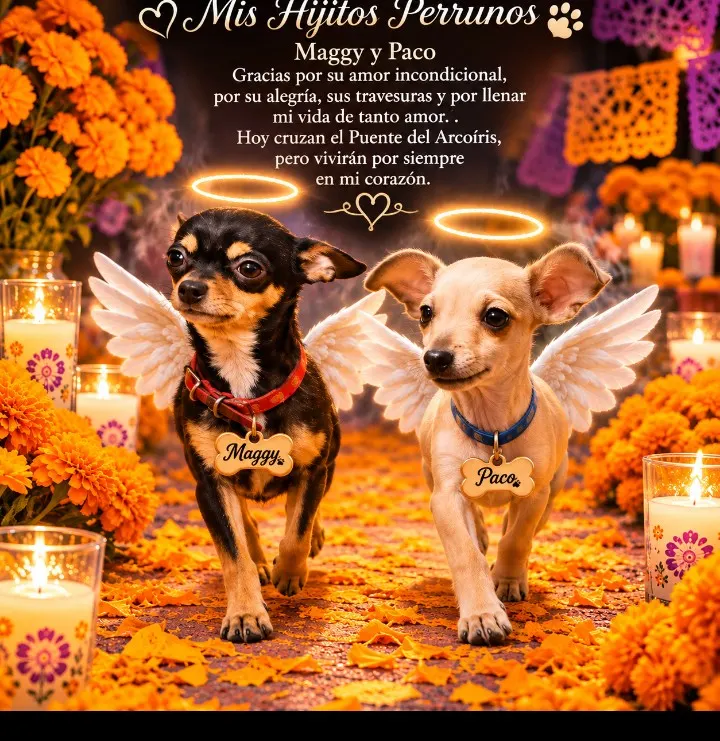 Foto de Maggy y Paco, perro, en su ofrenda de Día de Muertos